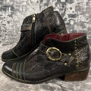 L'artiste by Spring Step Womens US 8.5 Georgiana Blum Black Leather Ankle Boots